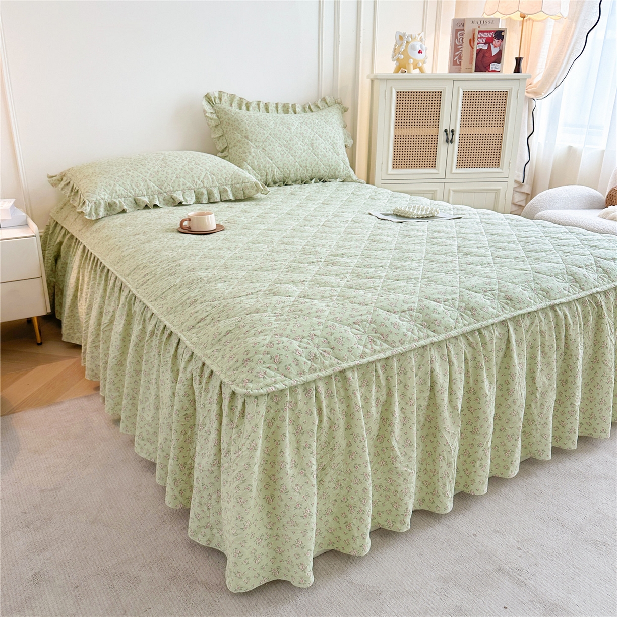 91家纺网 家纺一手货源 找家纺 十个点家纺 2025新款加厚磨毛木棉床裙三件套-绫罗系列 格桑花