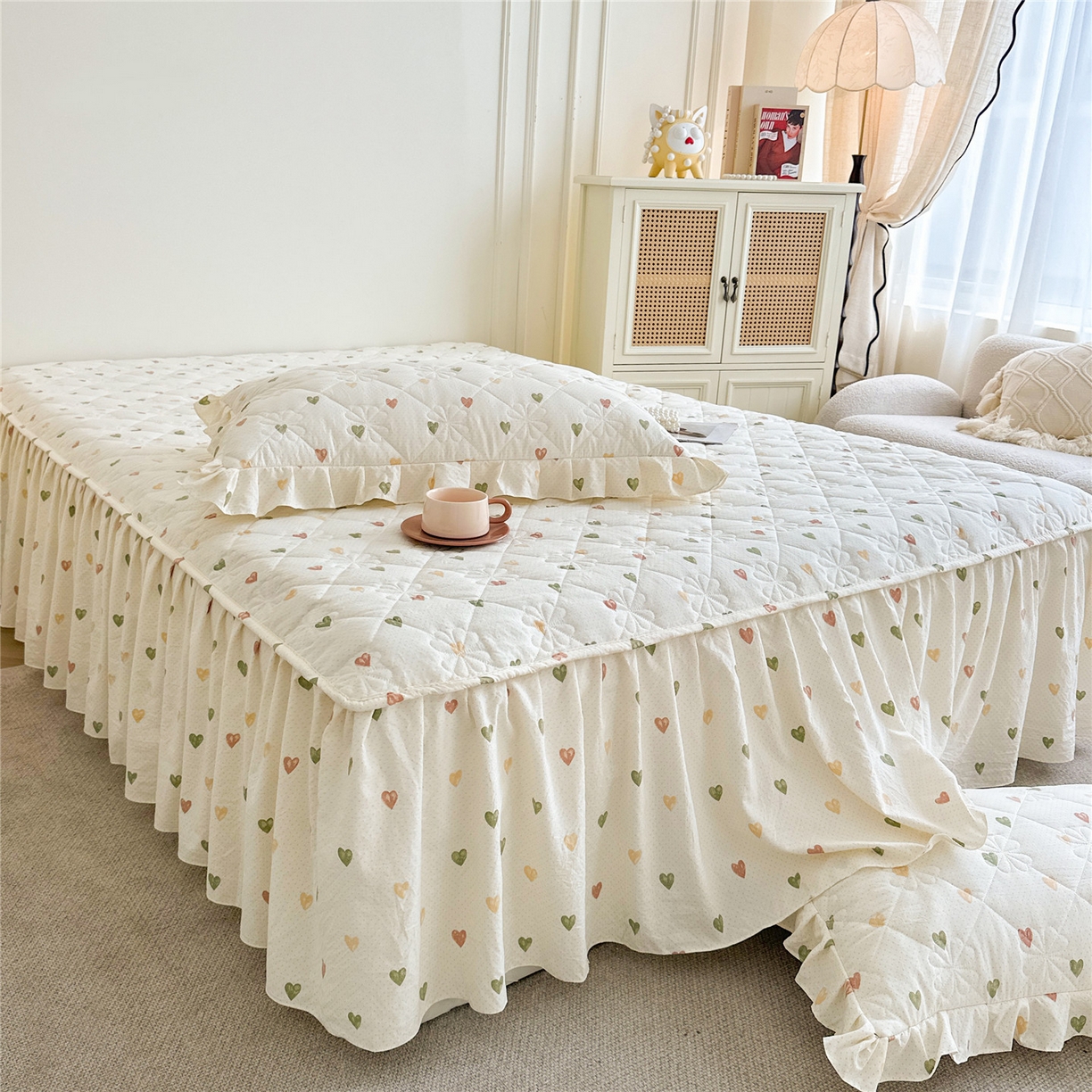 91家纺网 家纺一手货源 找家纺 十个点家纺 2025新款加厚磨毛木棉床裙三件套-绫罗系列 心愿-米