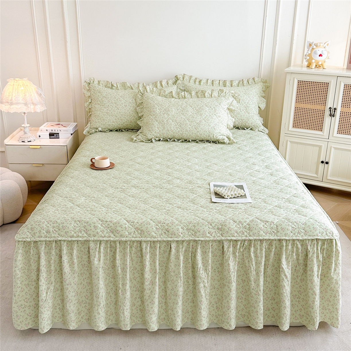 91家纺网 家纺一手货源 找家纺 十个点家纺 2025新款加厚磨毛木棉床裙三件套-绫罗系列 格桑花