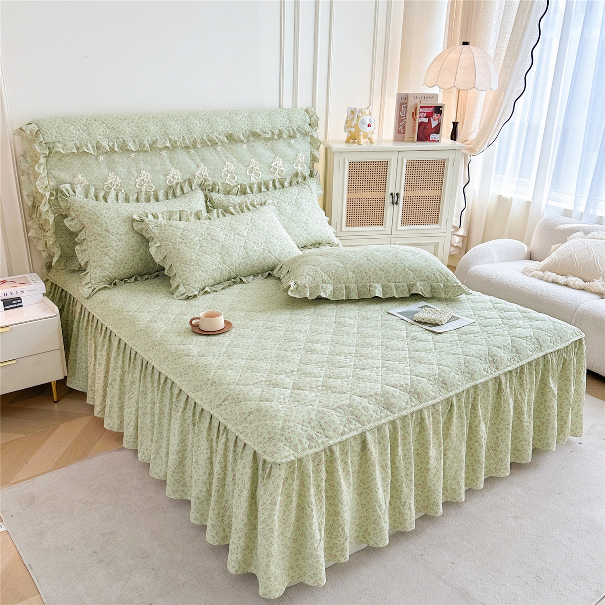 91家纺网 家纺一手货源 找家纺 十个点家纺 2025新款加厚磨毛木棉床裙三件套-绫罗系列 格桑花