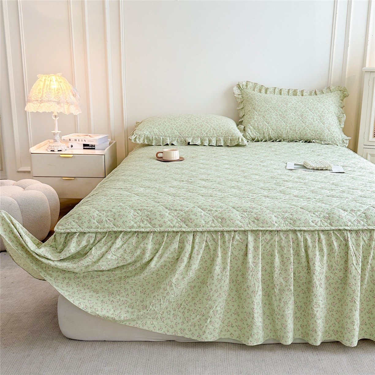 91家纺网 家纺一手货源 找家纺 十个点家纺 2025新款加厚磨毛木棉床裙三件套-绫罗系列 格桑花