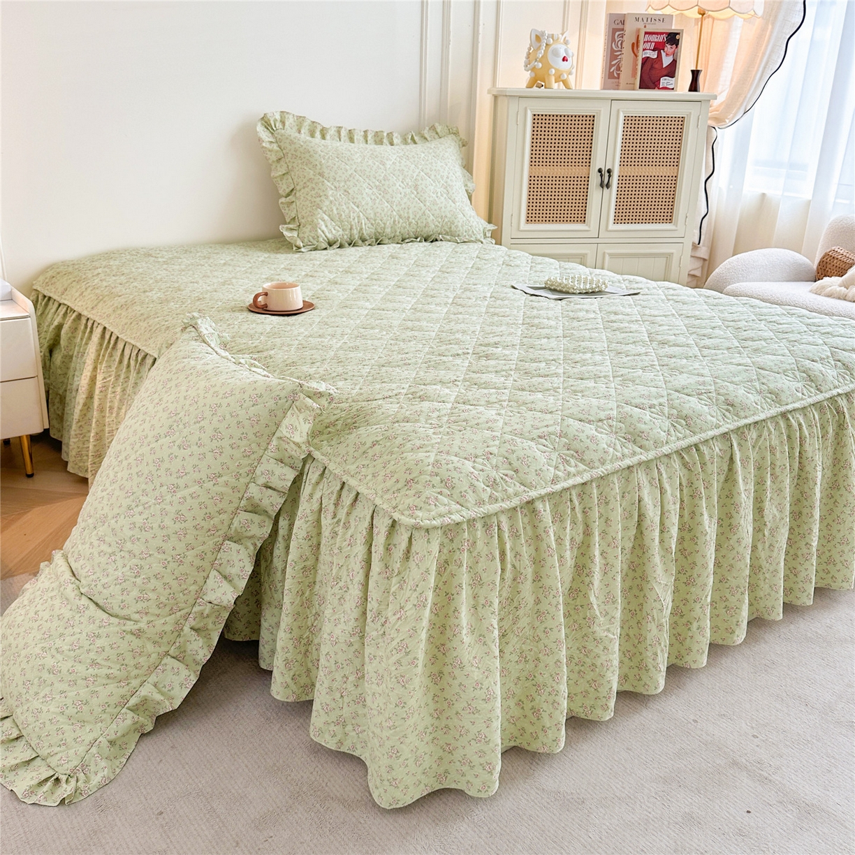 91家纺网 家纺一手货源 找家纺 十个点家纺 2025新款加厚磨毛木棉床裙三件套-绫罗系列 格桑花