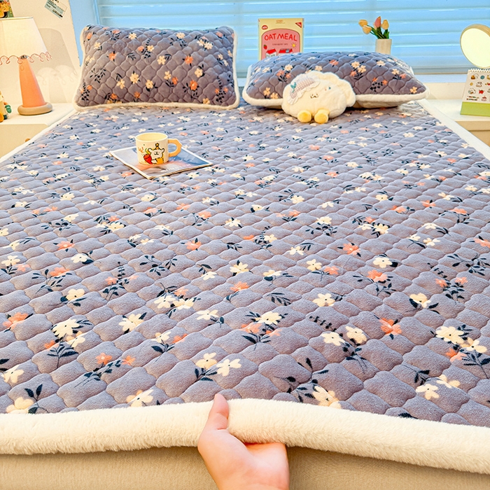 喜居 2025新款高克重印花牛奶絨夾棉床褥床墊子褥子床護墊 紫色花海