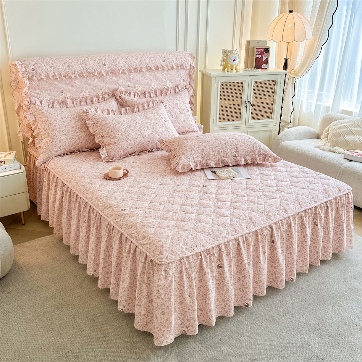 91家纺网 家纺一手货源 找家纺 十个点家纺 2025新款加厚磨毛木棉床裙三件套-绫罗系列 蝴蝶兔