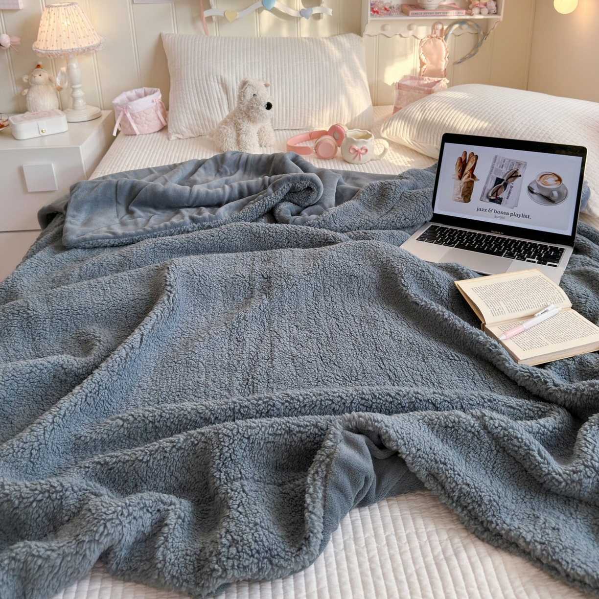 91家纺网 家纺一手货源 找家纺 顾里家纺 2025新款韩系糯叽叽纯色羊羔绒毯毛毯毯子 黑巧灰