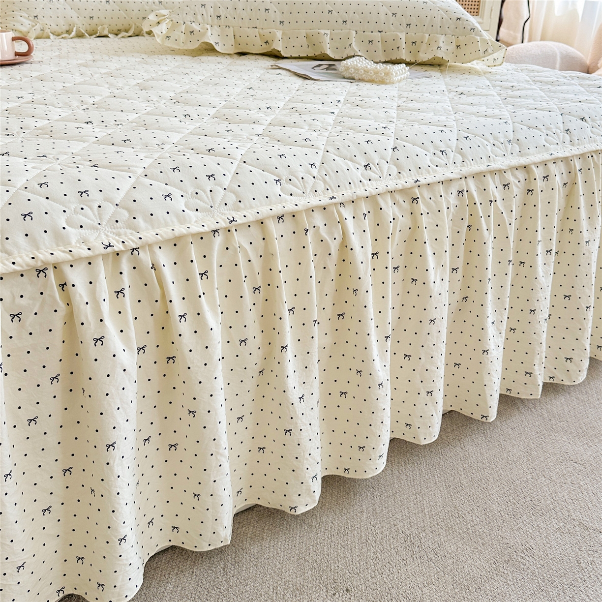 91家纺网 家纺一手货源 找家纺 十个点家纺 2025新款加厚磨毛木棉床裙三件套-绫罗系列 同心结