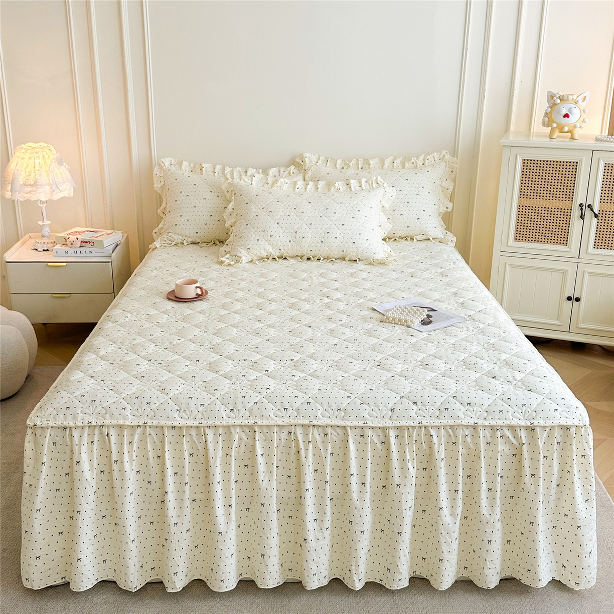 91家纺网 家纺一手货源 找家纺 十个点家纺 2025新款加厚磨毛木棉床裙三件套-绫罗系列 同心结