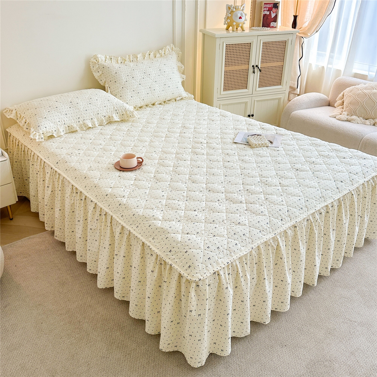 91家纺网 家纺一手货源 找家纺 十个点家纺 2025新款加厚磨毛木棉床裙三件套-绫罗系列 同心结