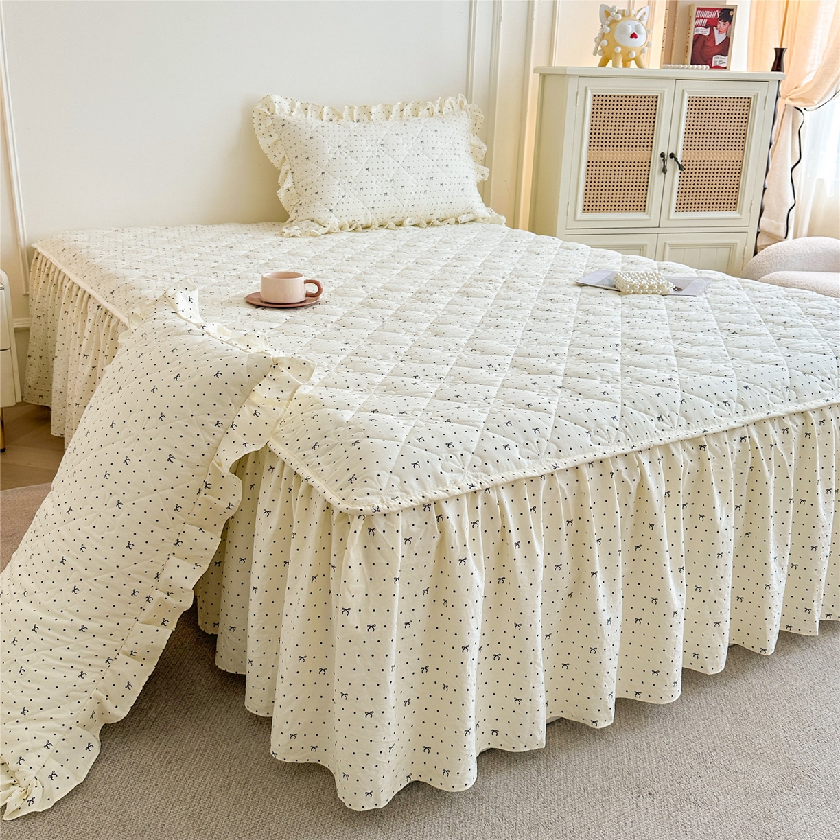 91家纺网 家纺一手货源 找家纺 十个点家纺 2025新款加厚磨毛木棉床裙三件套-绫罗系列 同心结