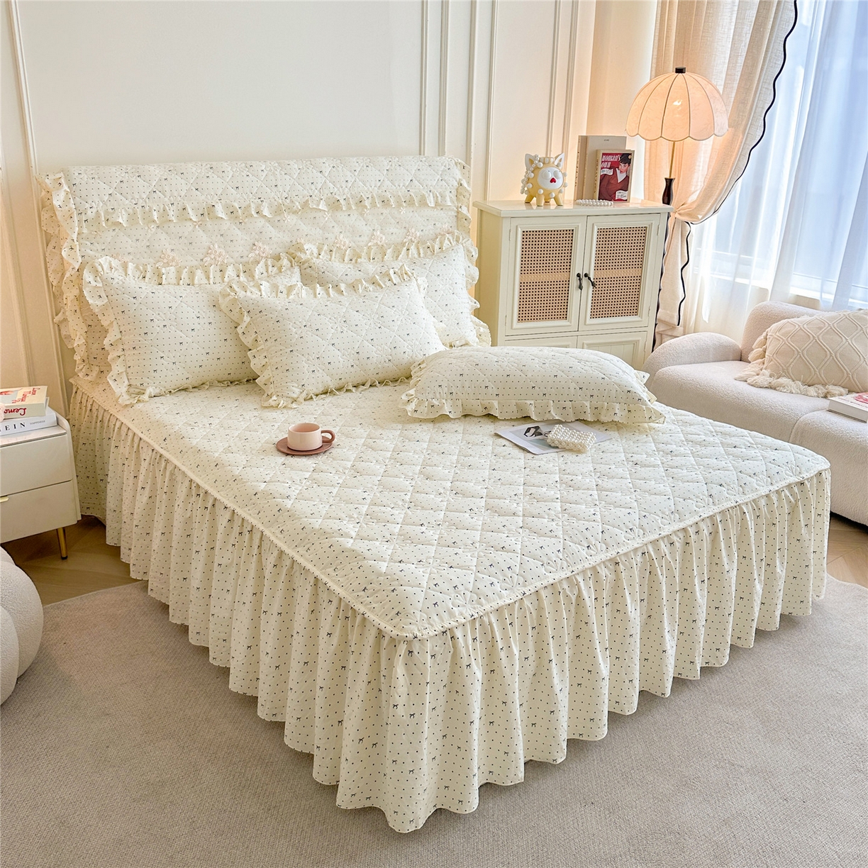 91家纺网 家纺一手货源 找家纺 十个点家纺 2025新款加厚磨毛木棉床裙三件套-绫罗系列 同心结