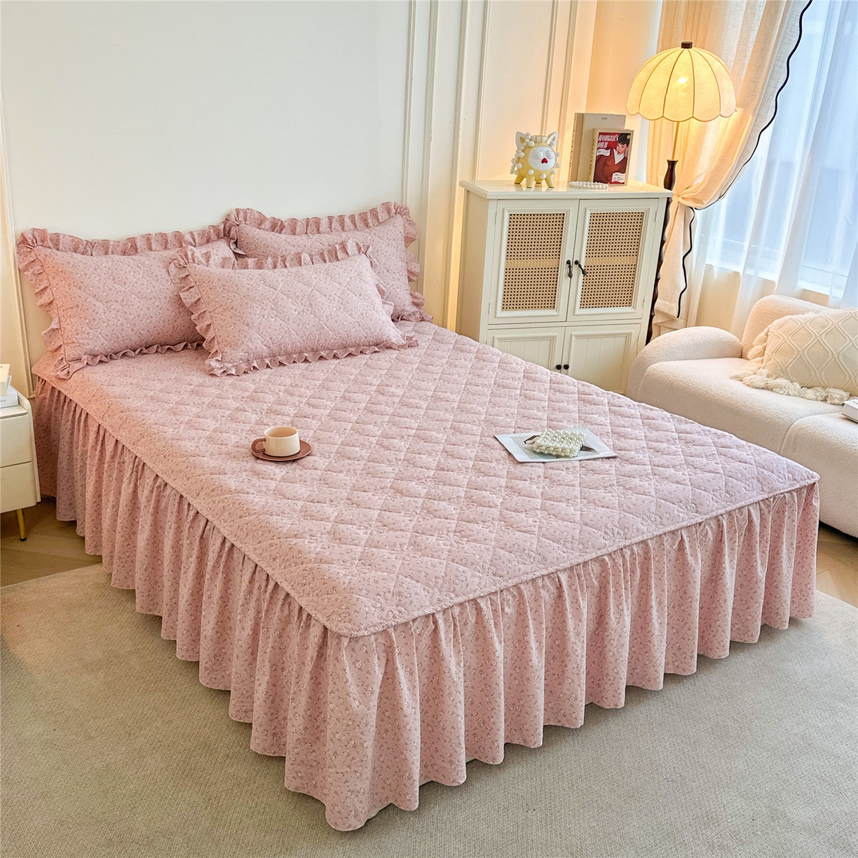 91家纺网 家纺一手货源 找家纺 （总）十个点家纺 2025新款加厚磨毛木棉床裙三件套-绫罗系列