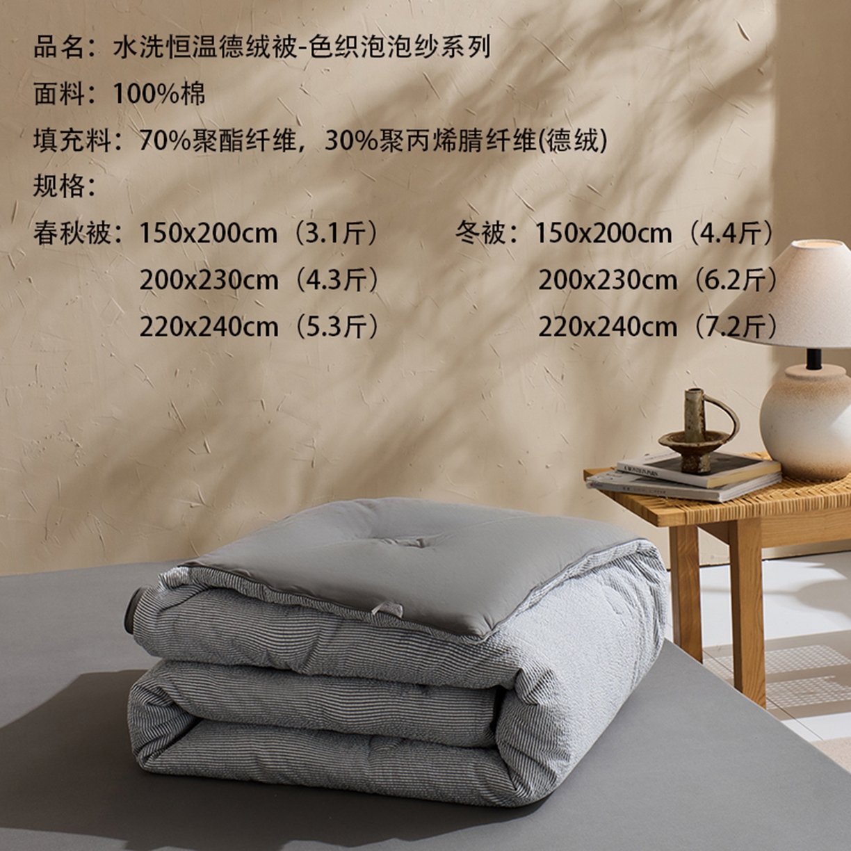 91家纺网 家纺一手货源 找家纺 LADYCOCO可可家居 2025新款针织+梭织被子（春秋被、冬被）被子被芯 泡泡纱被子条纹灰