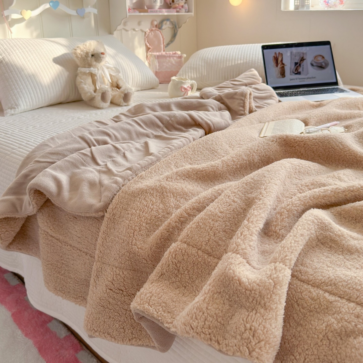 91家纺网 家纺一手货源 找家纺 顾里家纺 2025新款韩系糯叽叽纯色羊羔绒毯毛毯毯子 可可咖