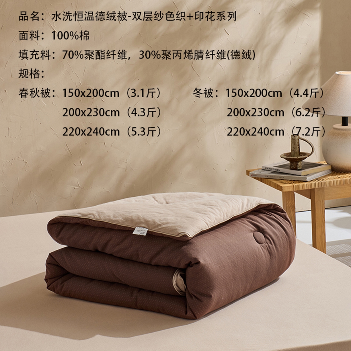 91家纺网 家纺一手货源 找家纺 LADYCOCO可可家居 2025新款针织+梭织被子（春秋被、冬被）被子被芯 双层纱被子咖色