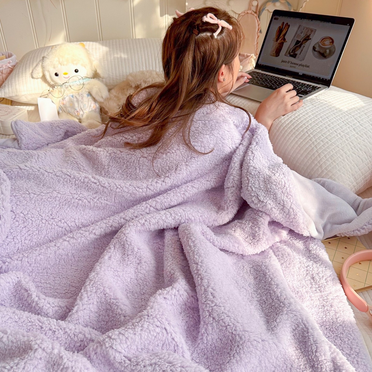 91家纺网 家纺一手货源 找家纺 顾里家纺 2025新款韩系糯叽叽纯色羊羔绒毯毛毯毯子 葡萄紫