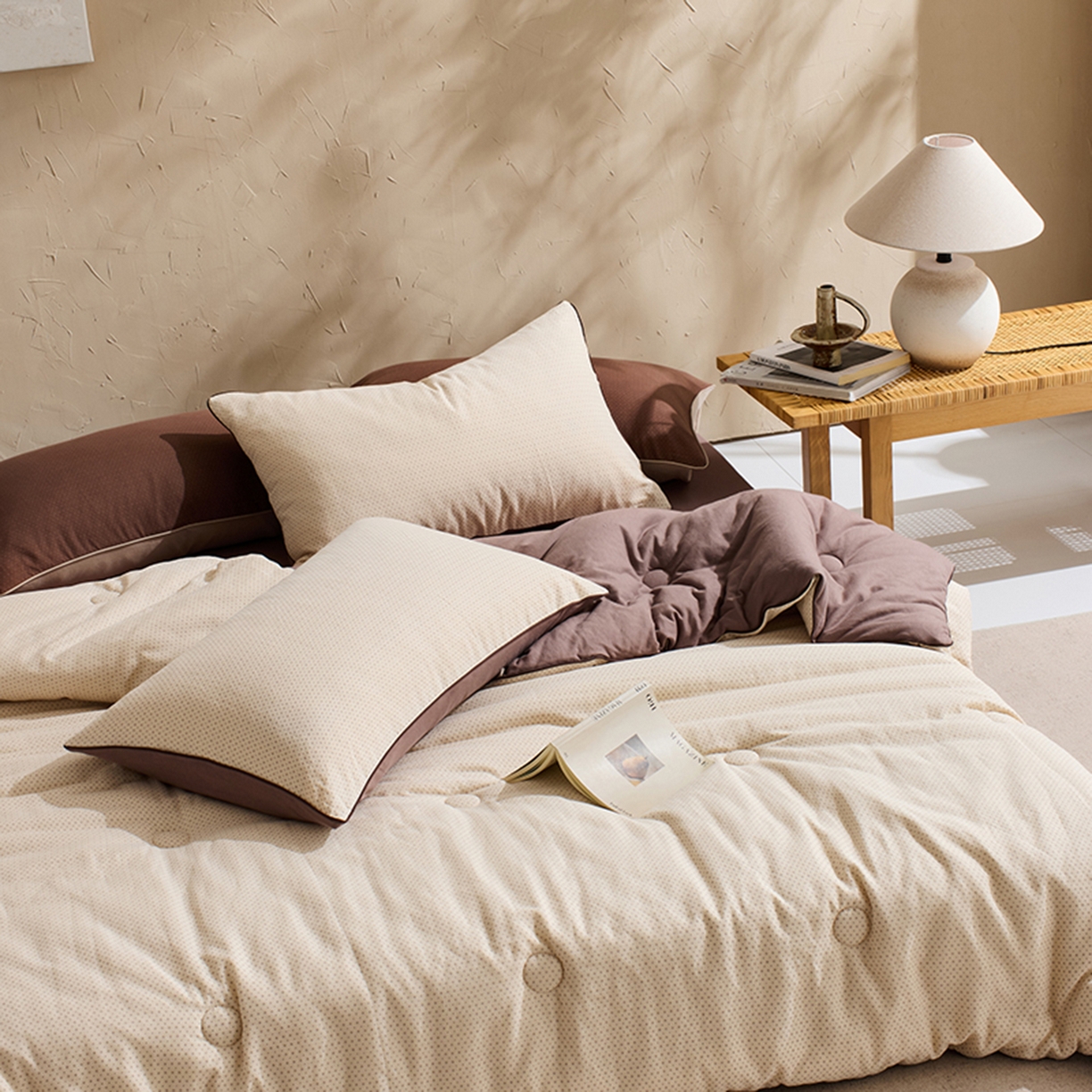 91家纺网 家纺一手货源 找家纺 LADYCOCO可可家居 2025新款针织+梭织被子（春秋被、冬被）被子被芯 双层纱被子米色