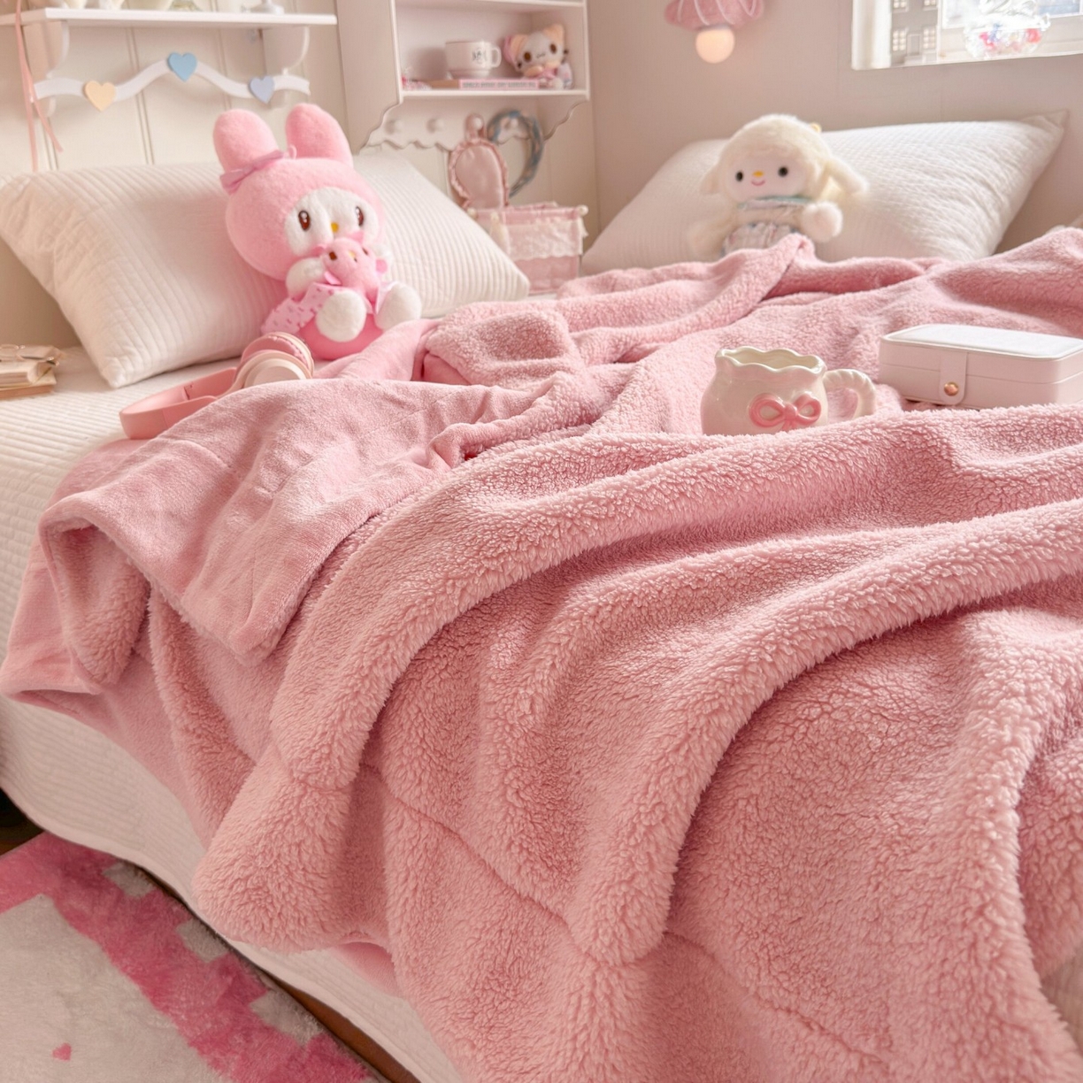 91家纺网 家纺一手货源 找家纺 顾里家纺 2025新款韩系糯叽叽纯色羊羔绒毯毛毯毯子 甜莓粉