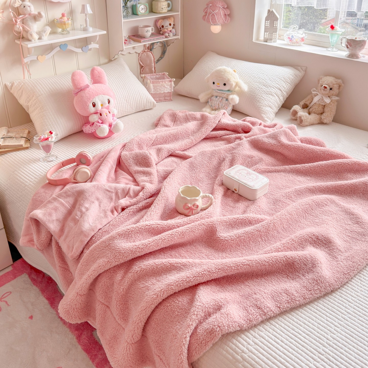 91家纺网 家纺一手货源 找家纺 顾里家纺 2025新款韩系糯叽叽纯色羊羔绒毯毛毯毯子 甜莓粉