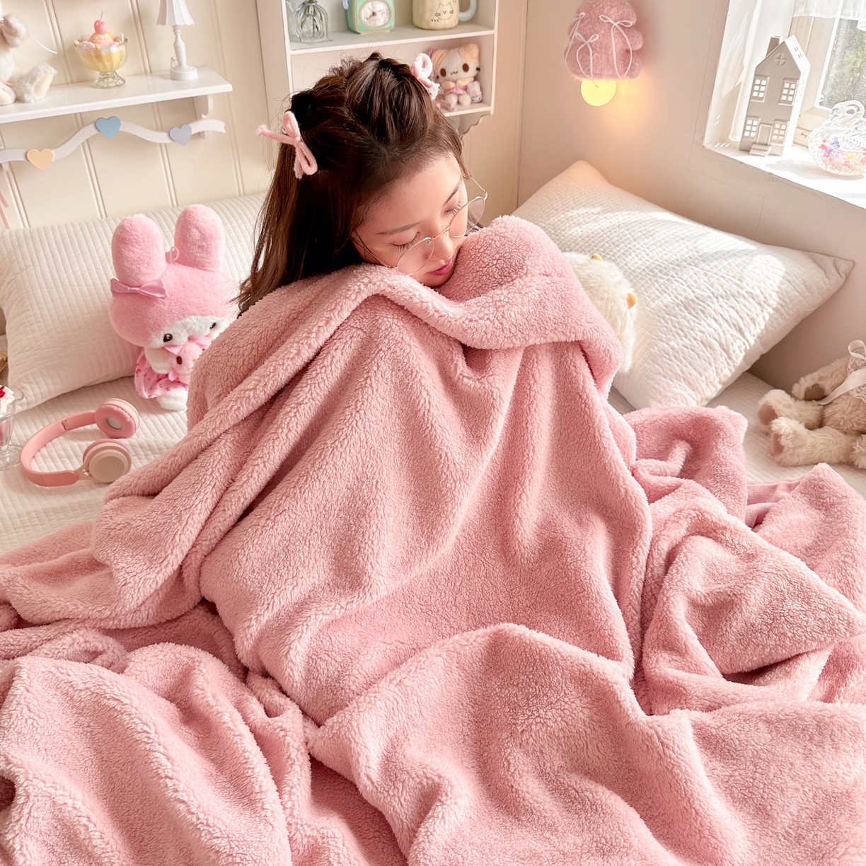 91家纺网 家纺一手货源 找家纺 顾里家纺 2025新款韩系糯叽叽纯色羊羔绒毯毛毯毯子 甜莓粉