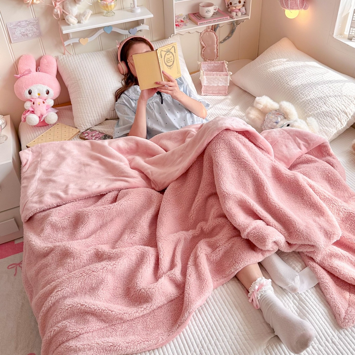 91家纺网 家纺一手货源 找家纺 顾里家纺 2025新款韩系糯叽叽纯色羊羔绒毯毛毯毯子 甜莓粉