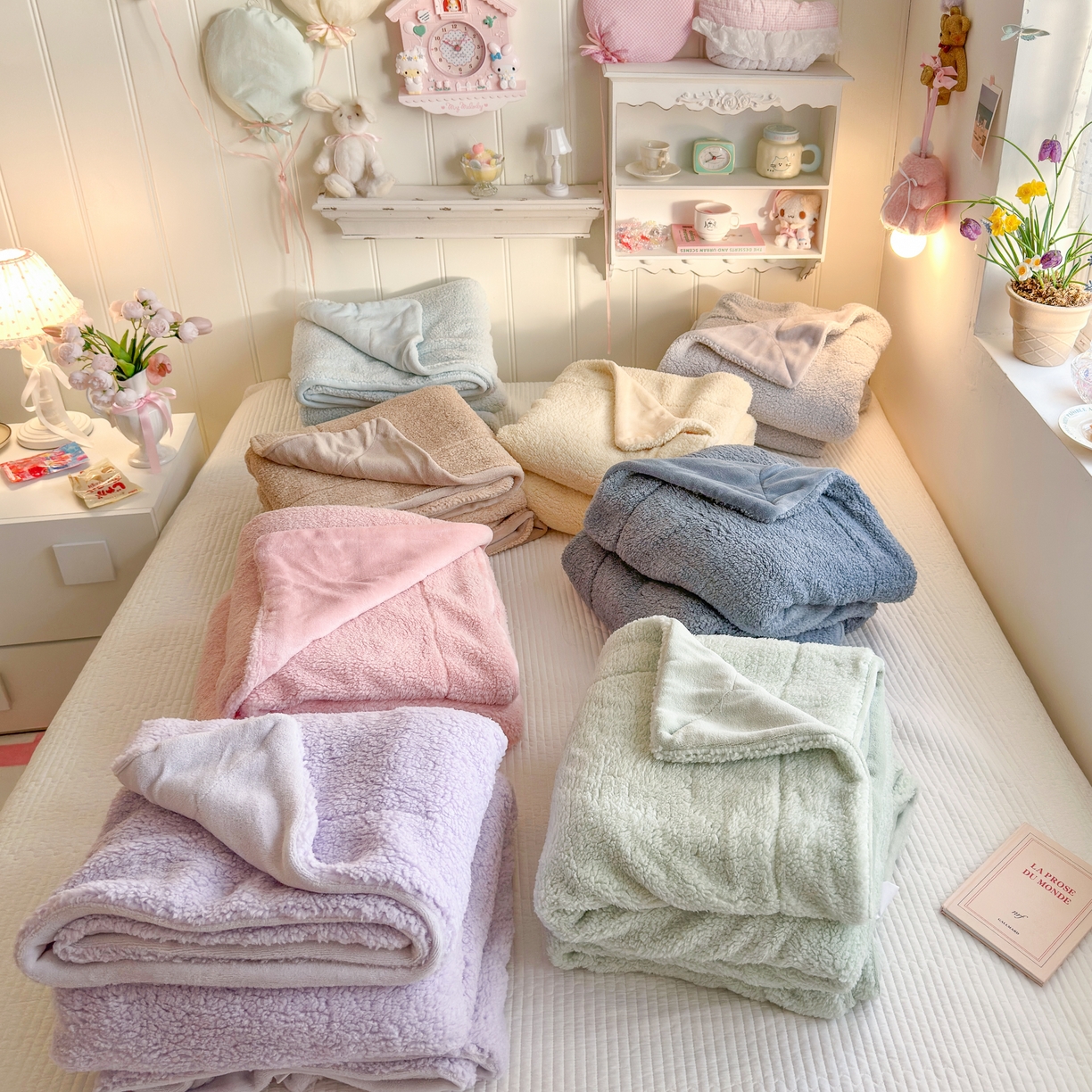 91家纺网 家纺一手货源 找家纺 顾里家纺 2025新款韩系糯叽叽纯色羊羔绒毯毛毯毯子 组合（仅参考）