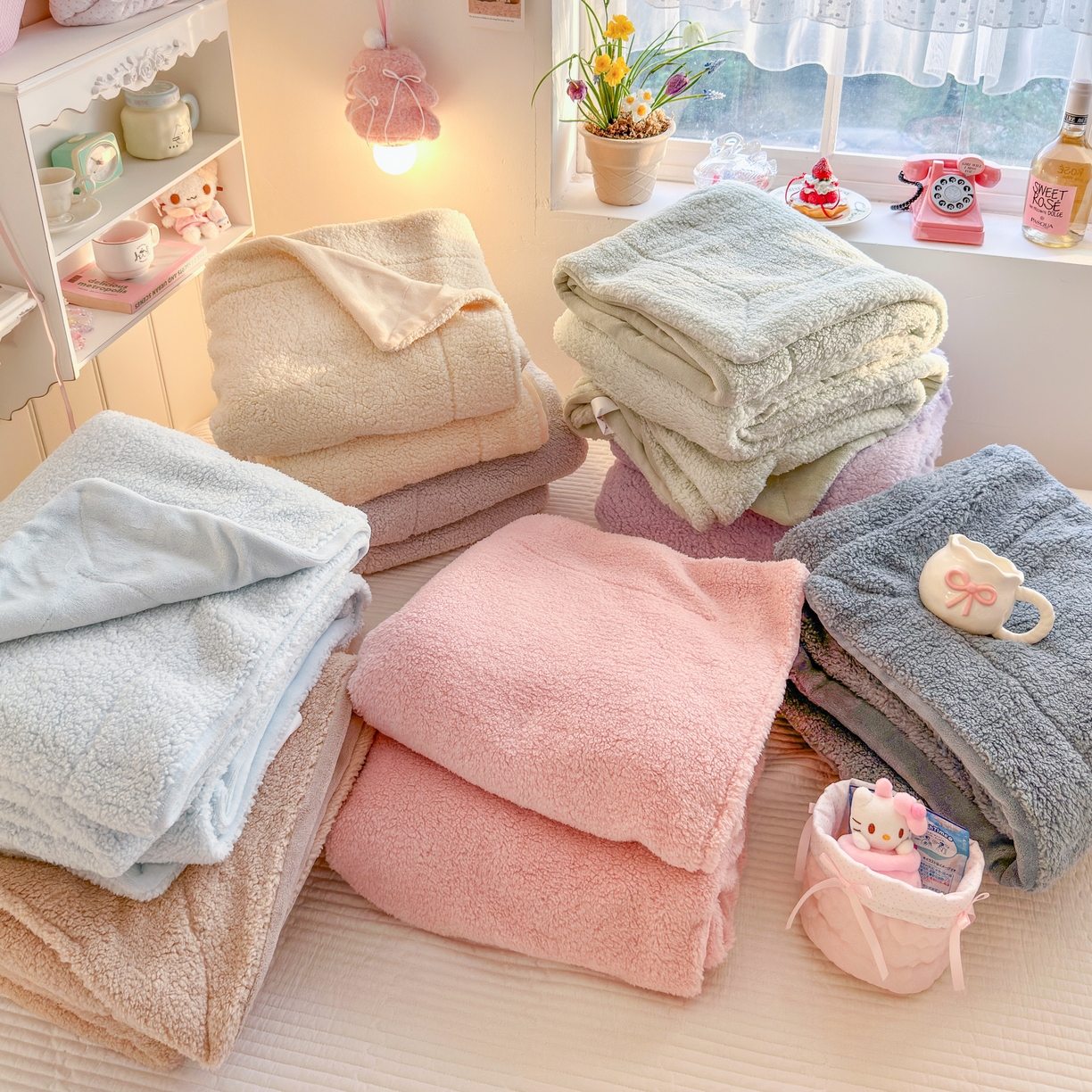 91家纺网 家纺一手货源 找家纺 顾里家纺 2025新款韩系糯叽叽纯色羊羔绒毯毛毯毯子 组合（仅参考）