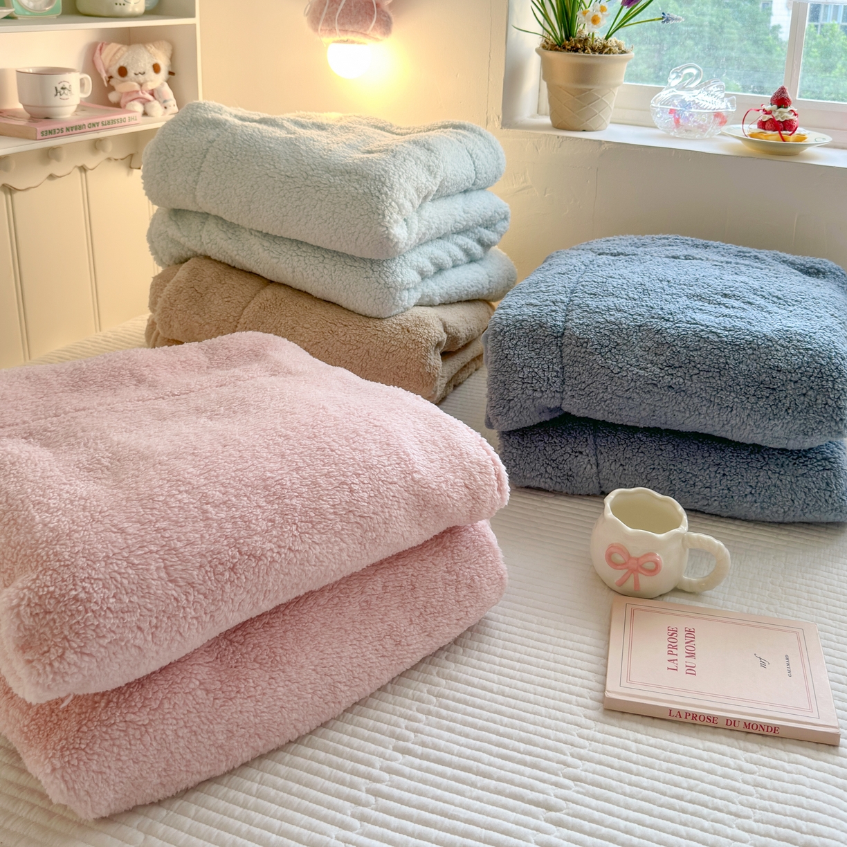 91家纺网 家纺一手货源 找家纺 顾里家纺 2025新款韩系糯叽叽纯色羊羔绒毯毛毯毯子 组合（仅参考）