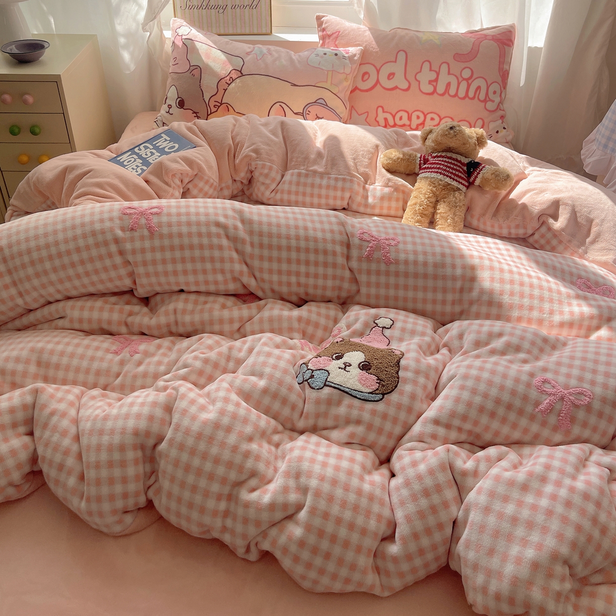 沐慕 2025新款牛奶绒加厚保暖毛巾绣四件套 牛奶绒-蝴蝶结猫咪