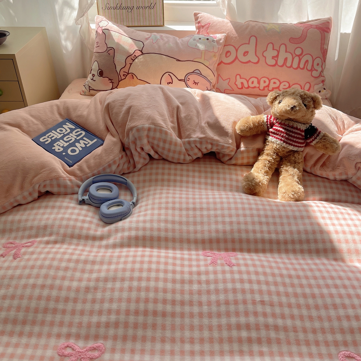 91家纺网 家纺一手货源 找家纺 沐慕 2025新款牛奶绒加厚保暖毛巾绣四件套 牛奶绒-蝴蝶结猫咪