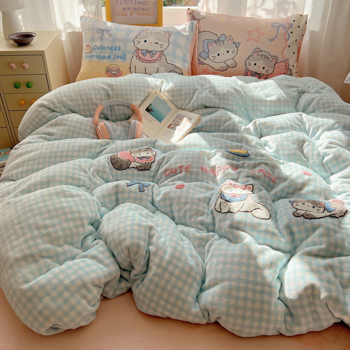 沐慕 2025新款牛奶绒加厚保暖毛巾绣四件套 牛奶绒-猫咪日记