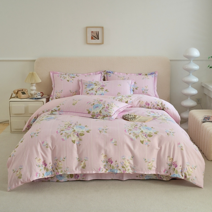 91家纺网 家纺一手货源 找家纺 三沁家居 2025新款全棉纯棉斜纹精梳长绒棉印花四件套 花团锦簇