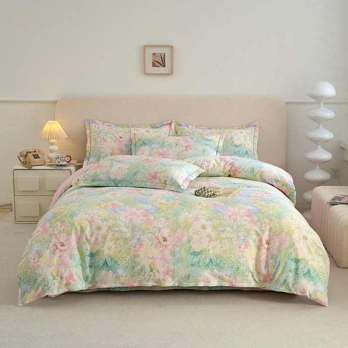 91家纺网 家纺一手货源 找家纺 三沁家居 2025新款全棉纯棉斜纹精梳长绒棉印花四件套 莫奈花园