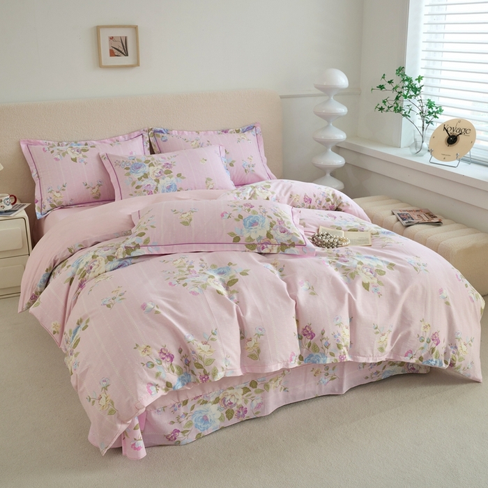 91家纺网 家纺一手货源 找家纺 三沁家居 2025新款全棉纯棉斜纹精梳长绒棉印花四件套 花团锦簇