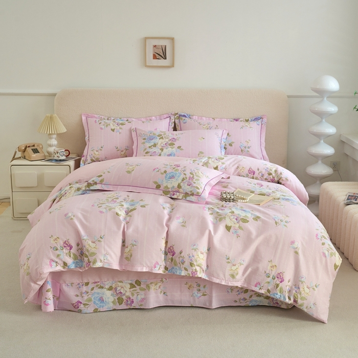 91家纺网 家纺一手货源 找家纺 三沁家居 2025新款全棉纯棉斜纹精梳长绒棉印花四件套 花团锦簇