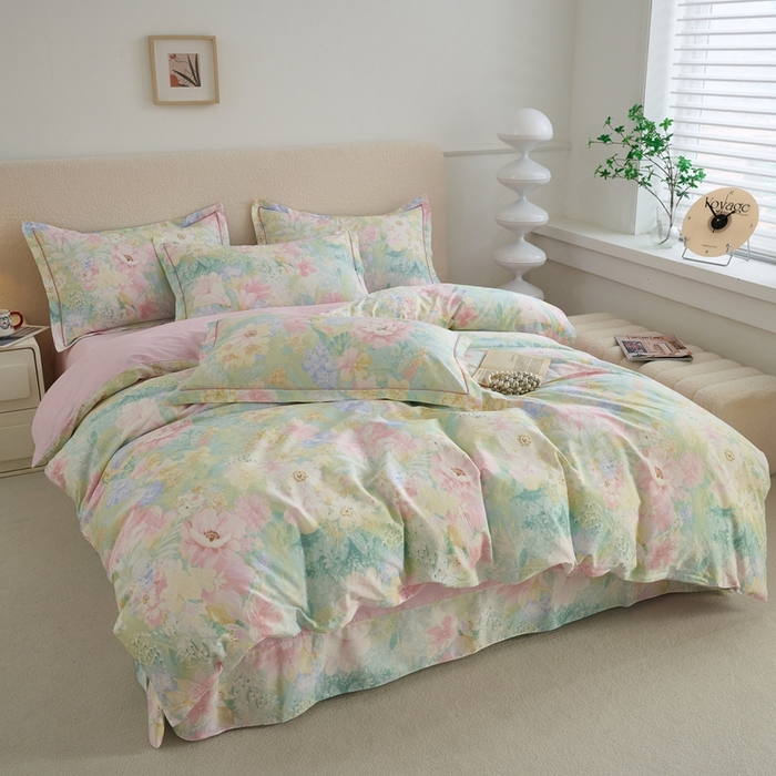 91家纺网 家纺一手货源 找家纺 三沁家居 2025新款全棉纯棉斜纹精梳长绒棉印花四件套 莫奈花园