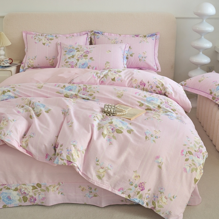 91家纺网 家纺一手货源 找家纺 三沁家居 2025新款全棉纯棉斜纹精梳长绒棉印花四件套 花团锦簇