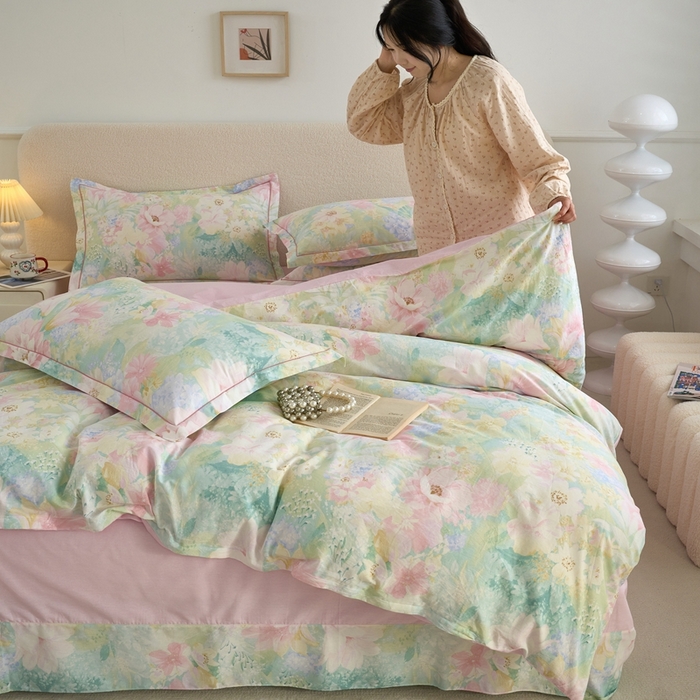 91家纺网 家纺一手货源 找家纺 三沁家居 2025新款全棉纯棉斜纹精梳长绒棉印花四件套 莫奈花园