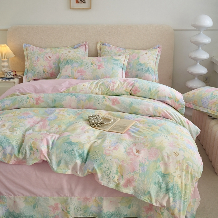 91家纺网 家纺一手货源 找家纺 三沁家居 2025新款全棉纯棉斜纹精梳长绒棉印花四件套 莫奈花园