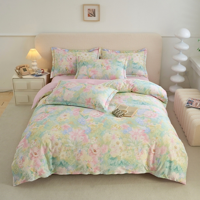 91家纺网 家纺一手货源 找家纺 三沁家居 2025新款全棉纯棉斜纹精梳长绒棉印花四件套 莫奈花园