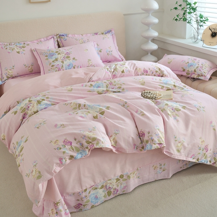 91家纺网 家纺一手货源 找家纺 三沁家居 2025新款全棉纯棉斜纹精梳长绒棉印花四件套 花团锦簇