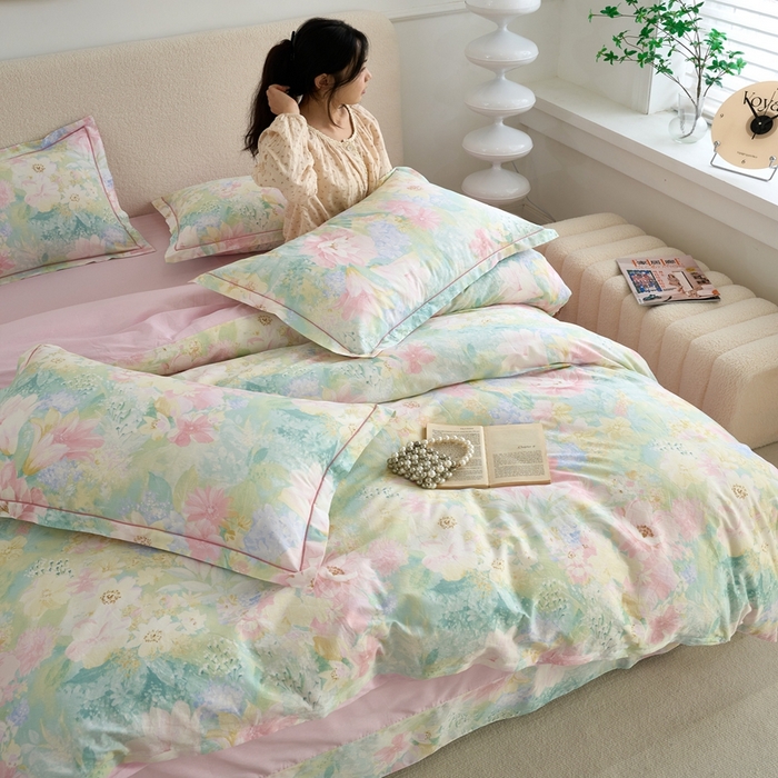 91家纺网 家纺一手货源 找家纺 三沁家居 2025新款全棉纯棉斜纹精梳长绒棉印花四件套 莫奈花园