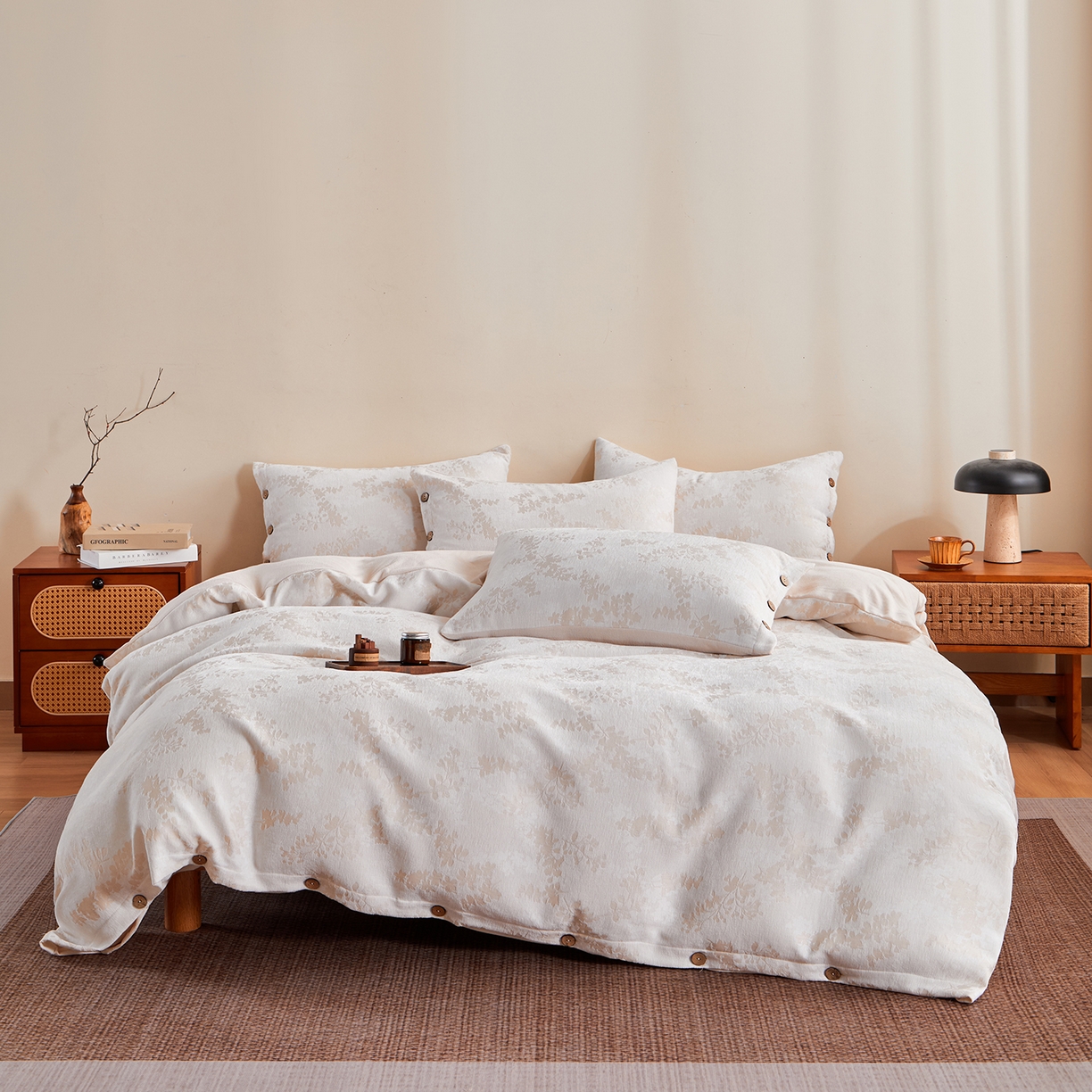 九沐良品 2025新款雪尼爾棉絨大提花四件套 櫻花雨夢-小麥色