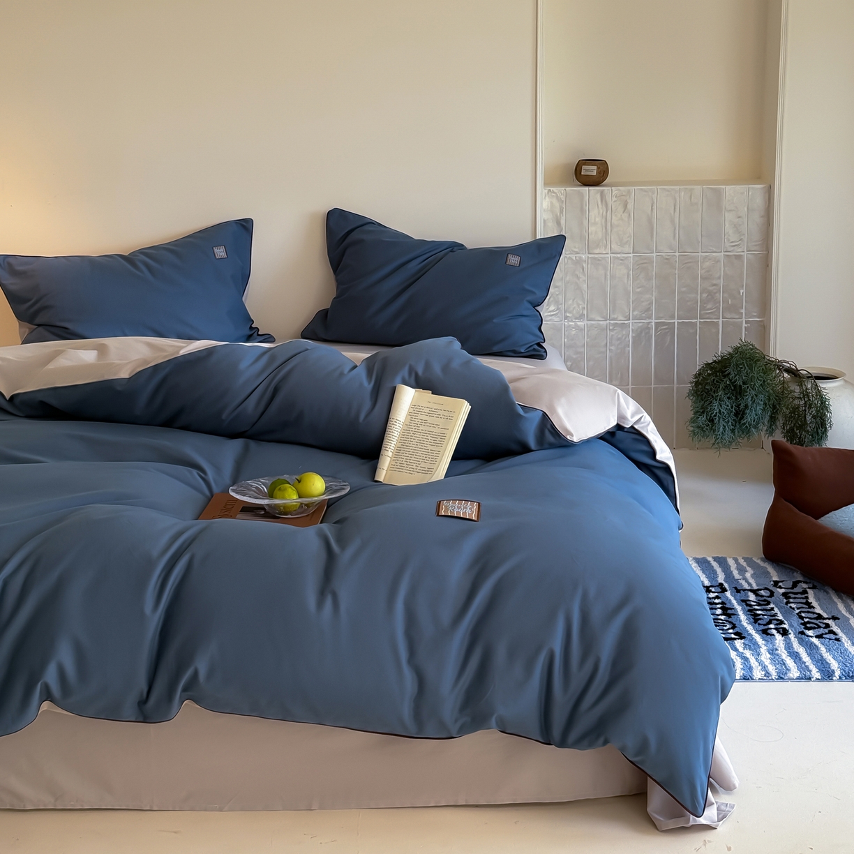 91家纺网 家纺一手货源 找家纺 简纯主义 2025新款全棉纯棉磨毛四件套-多巴胺系列 青石蓝