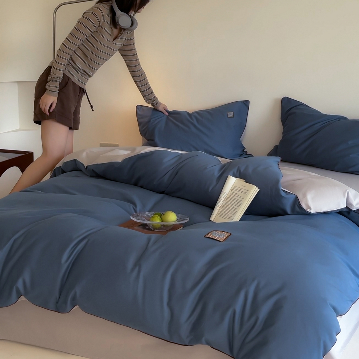 91家纺网 家纺一手货源 找家纺 简纯主义 2025新款全棉纯棉磨毛四件套-多巴胺系列 青石蓝
