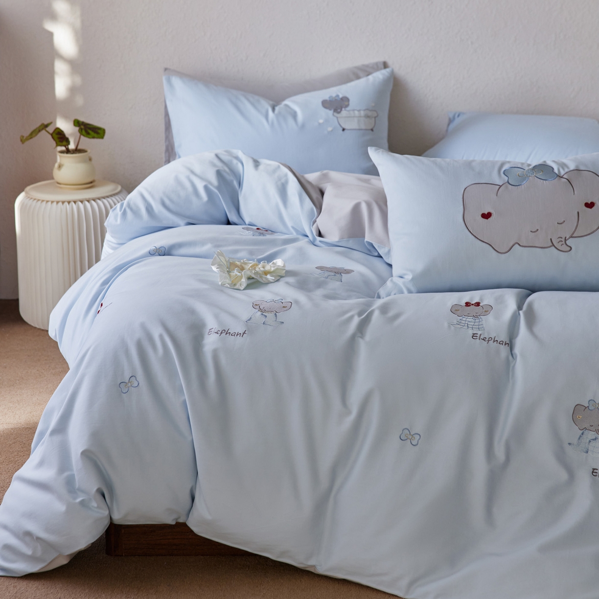 简纯主义 2025新款全棉纯棉毛巾绣磨毛四件套-莉娜小象 莉娜小象-蓝