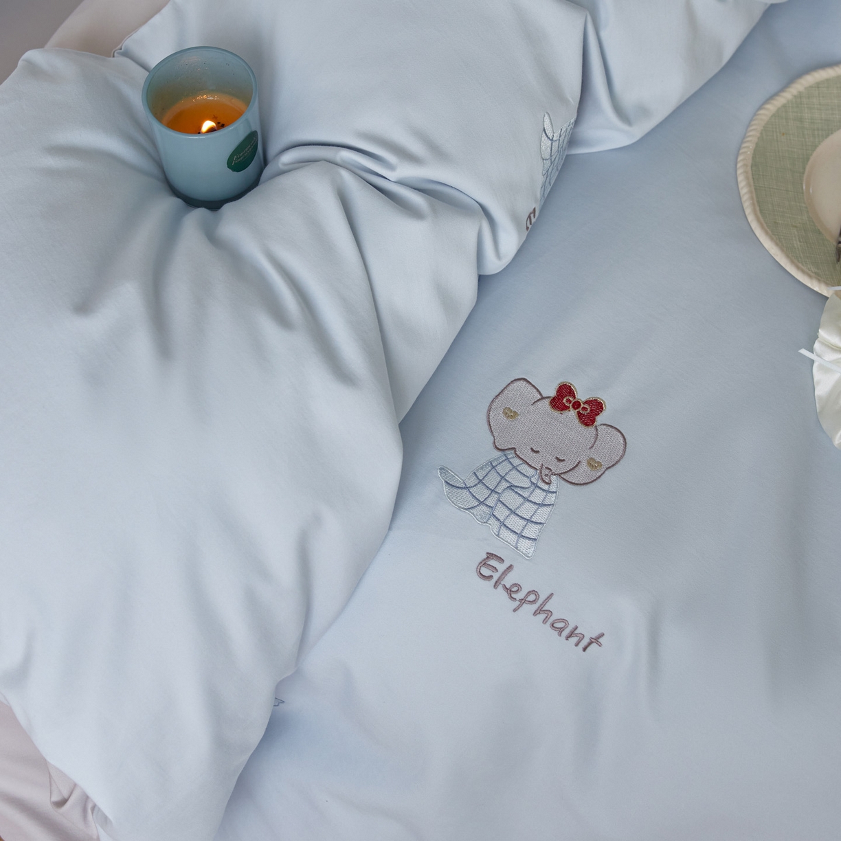 91家纺网 家纺一手货源 找家纺 简纯主义 2025新款全棉纯棉毛巾绣磨毛四件套-莉娜小象 莉娜小象-蓝