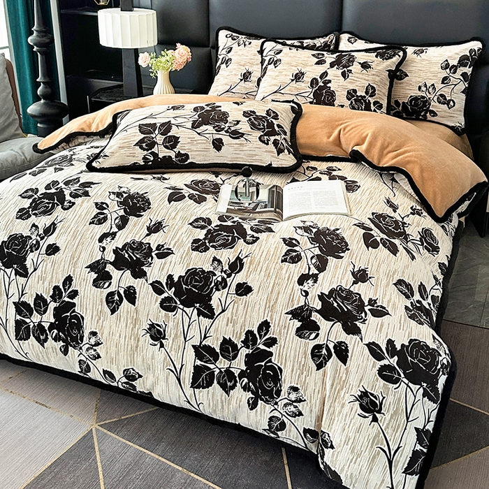 91家纺网 家纺一手货源 找家纺 许林家纺 2025新款兔毛宽包边立体雕花牛奶绒四件套 梦花坞