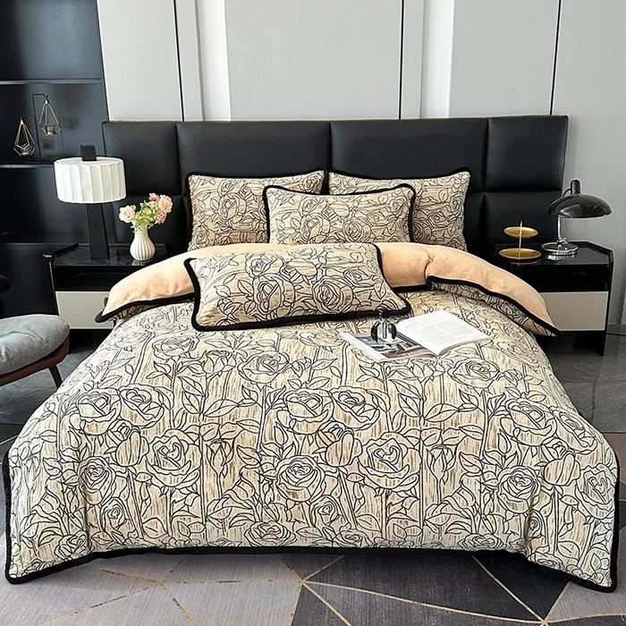 91家纺网 家纺一手货源 找家纺 许林家纺 2025新款兔毛宽包边立体雕花牛奶绒四件套 山茶花