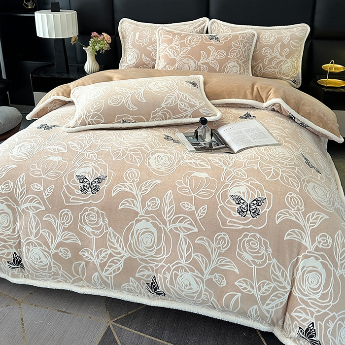 91家纺网 家纺一手货源 找家纺 许林家纺 2025新款兔毛宽包边立体雕花牛奶绒四件套 星川