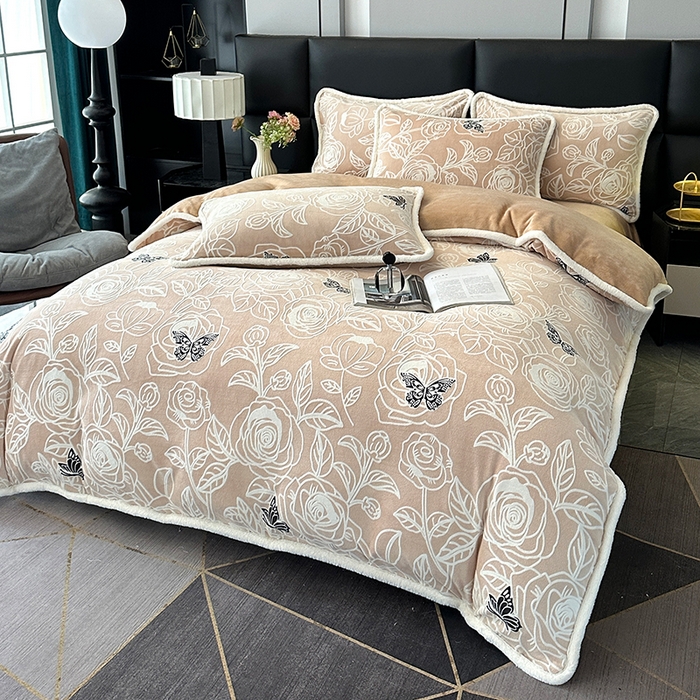 91家纺网 家纺一手货源 找家纺 许林家纺 2025新款兔毛宽包边立体雕花牛奶绒四件套 星川